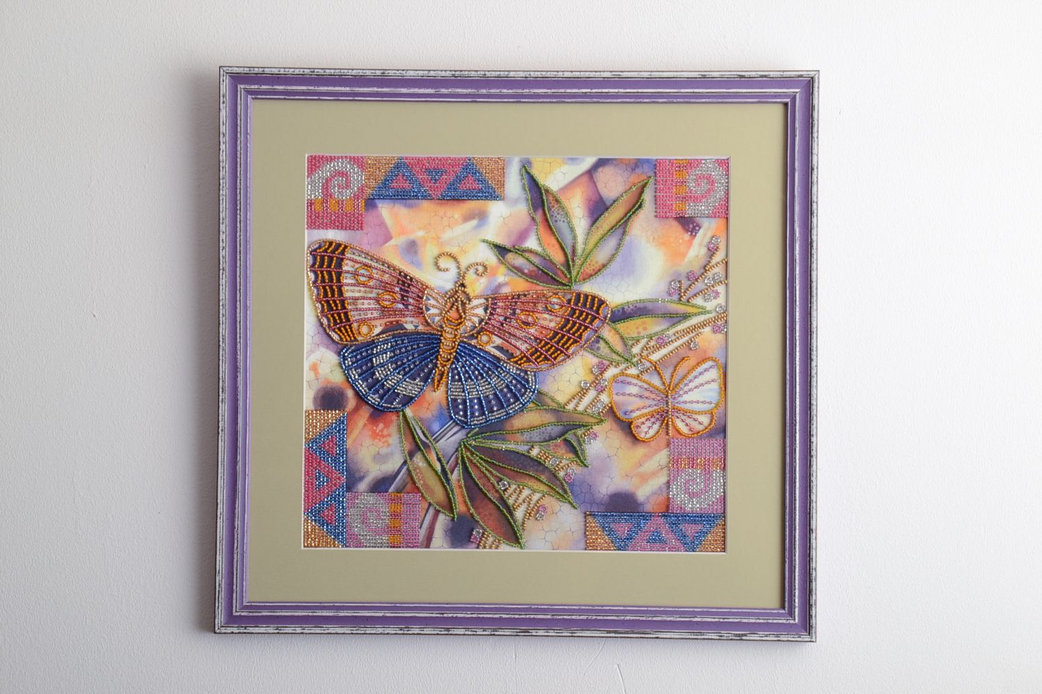 Picture embroidered with beads on fabric Butterflies photo 1