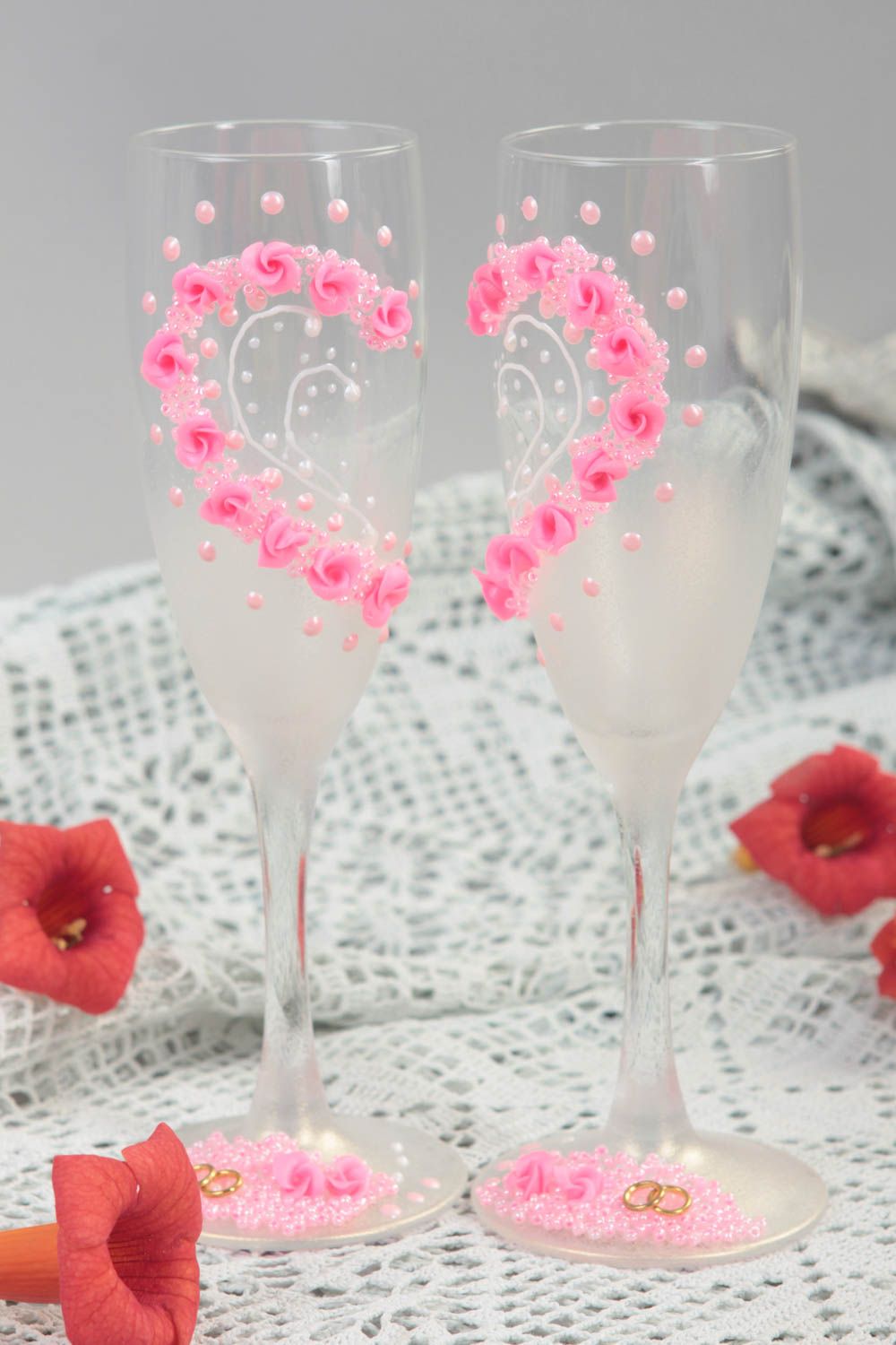Flûtes à champagne fait main Verres à vin Service vaisselle avec cœur rose 2 pcs photo 1