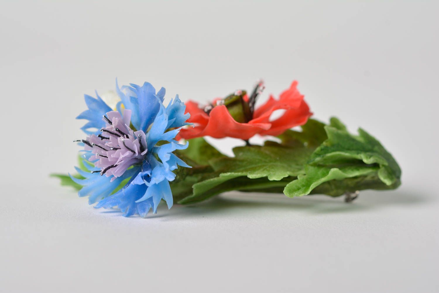 Handmade designer brooch with Japanese polymer clay blue cornflowers and poppy  photo 2