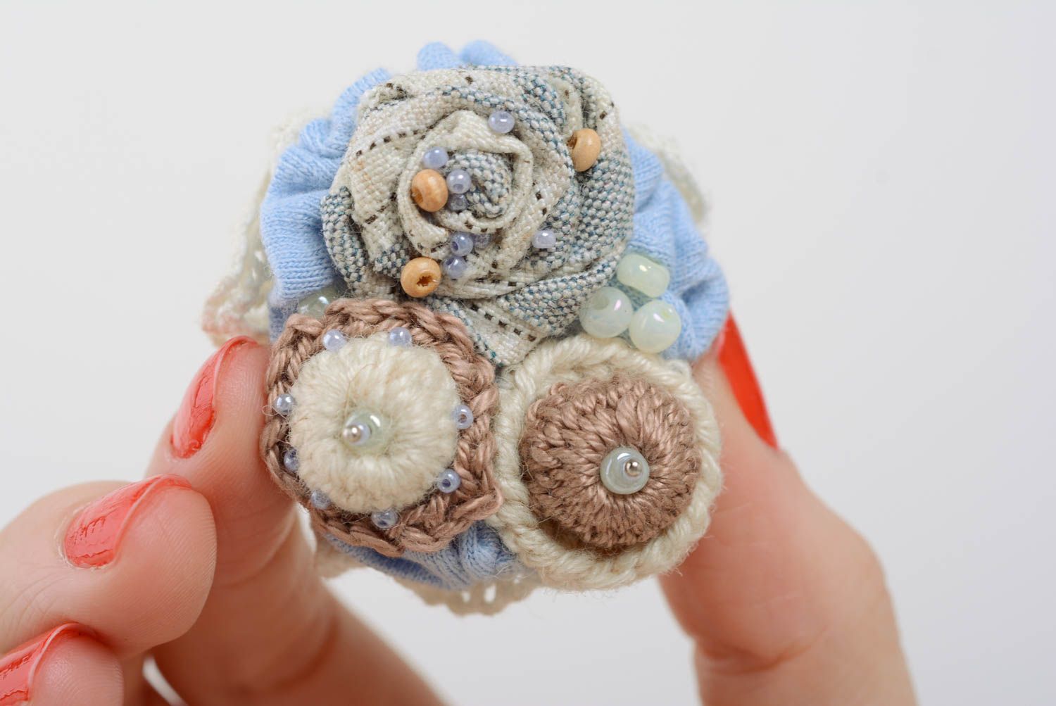 Handmade designer tender blue and beige woolen crochet brooch with beads  photo 3