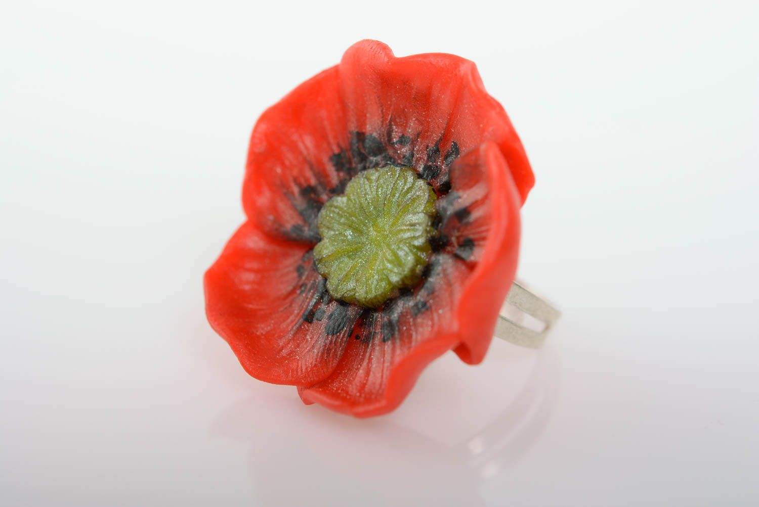 Beautiful handmade designer plastic flower ring in the shape of red poppy photo 1