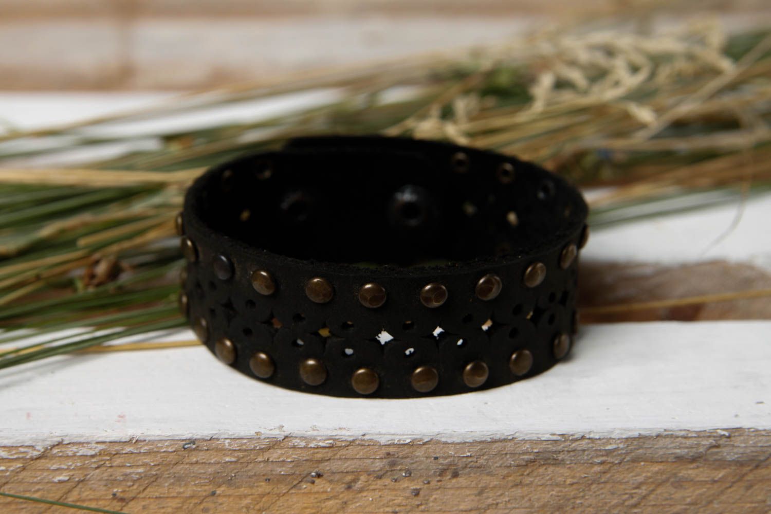 Handmade black stylish bracelet leather wrist accessory female jewelry photo 1