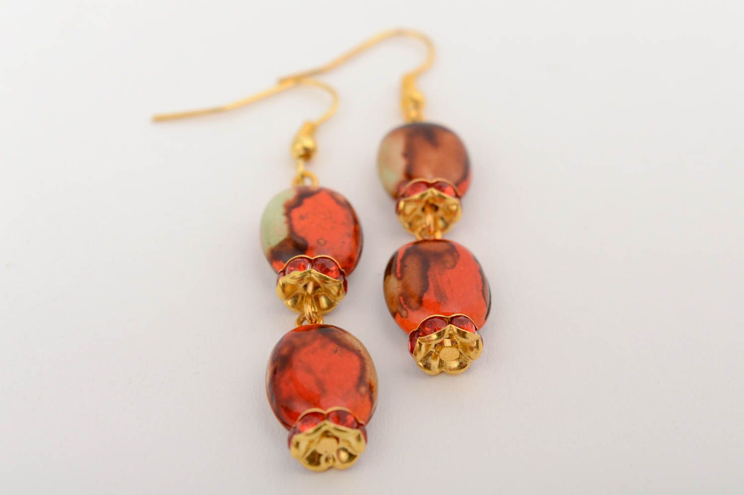 Handmade dangle earrings with plastic beads in red and brown color palette photo 4