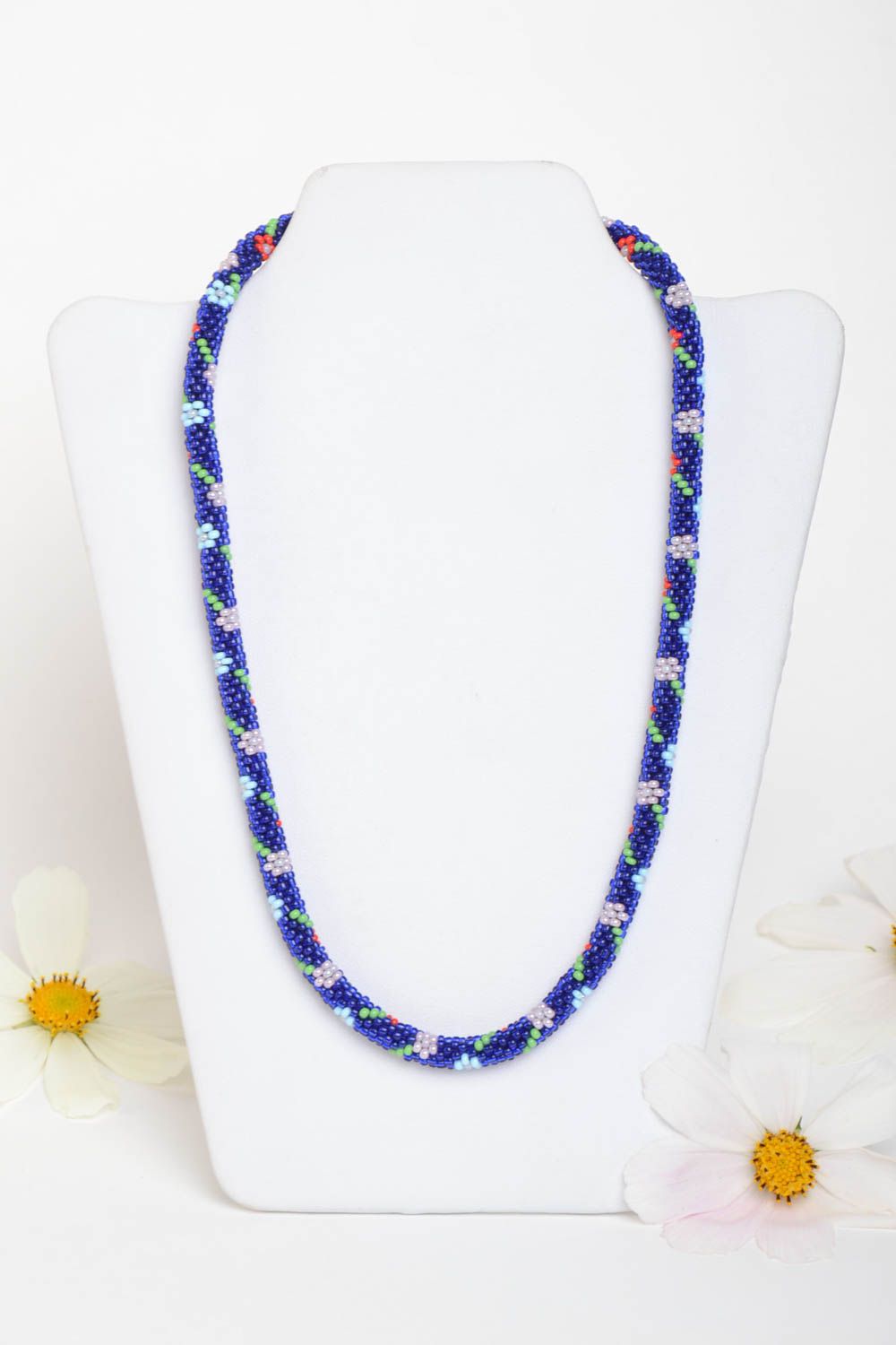 Handmade Rocailles Kette Damen Collier lange Halskette dunkelblau geblümt foto 1