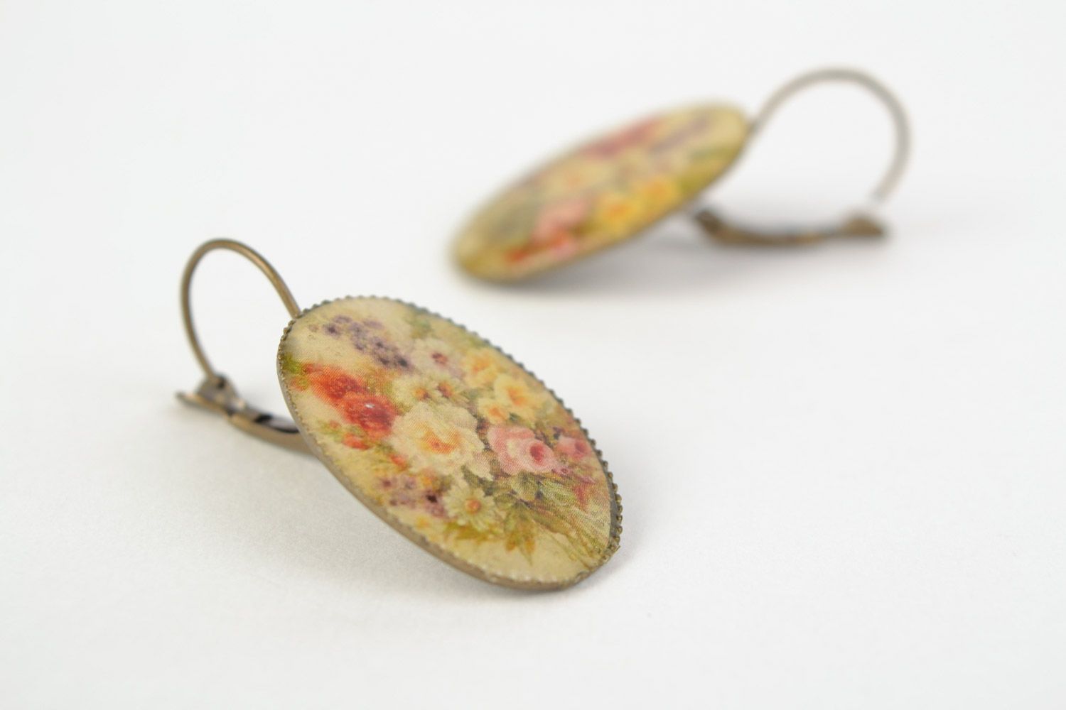 Handmade oval jewelry resin earrings in vintage style Autumn photo 1