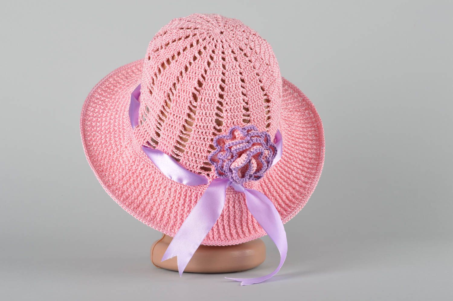 Головной убор ручной работы вязаная шляпа розовая женская шляпа на лето фото 3