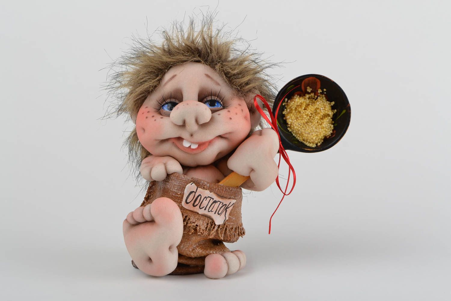 Игрушка кукла из капрона домовой в мешке с ложкой небольшая ручной работы фото 1