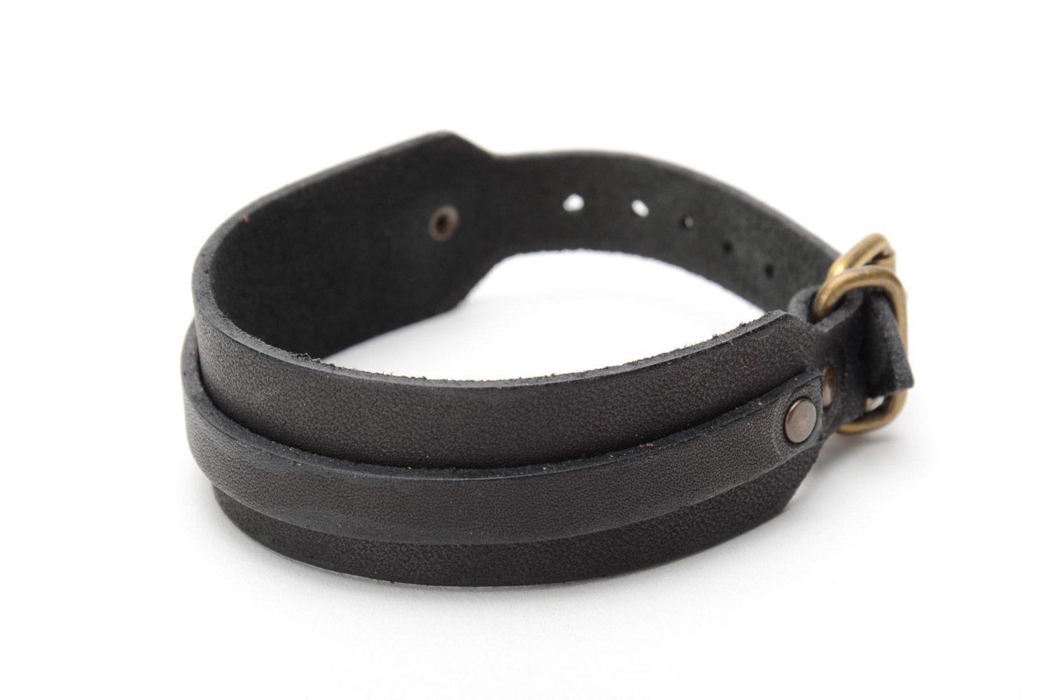 Unusual stylish handmade black leather bracelet in the shape of belt unisex photo 3