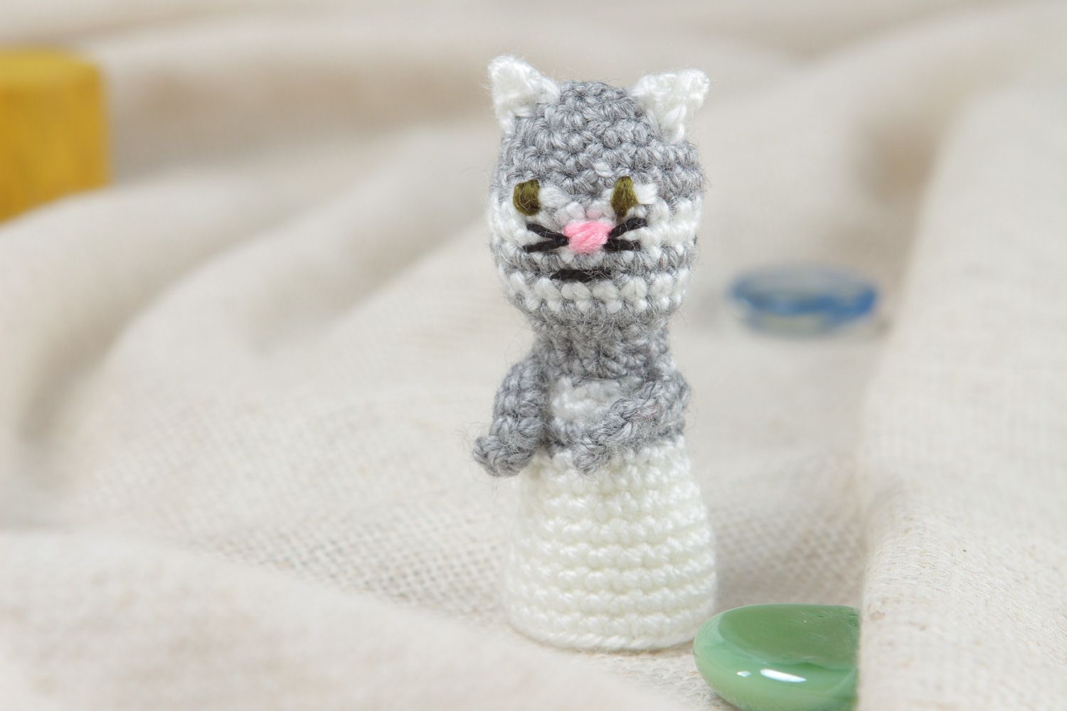 Small handmade finger puppet gray cat crocheted of acrylic threads for children photo 5