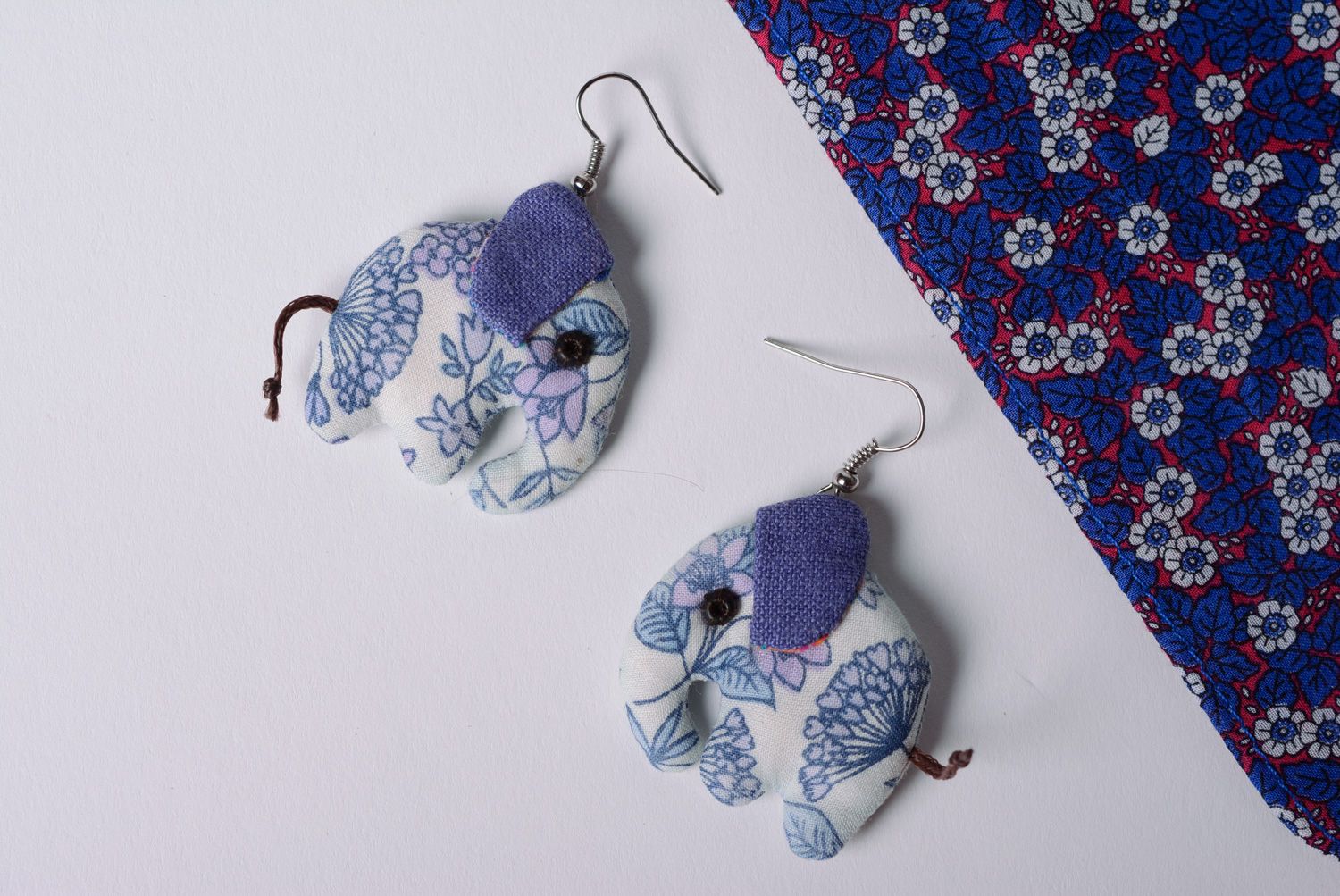 Homemade cotton and linen earrings of unusual design Elephants photo 1