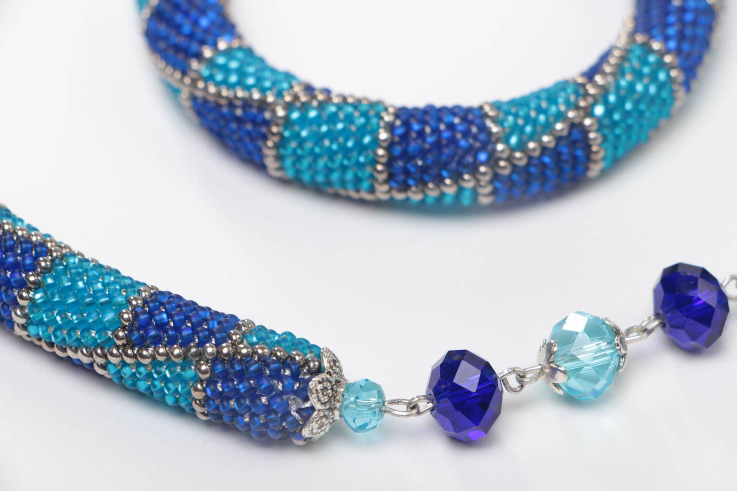 Set of handmade bead woven jewelry in blue color necklace and wrist bracelet photo 4
