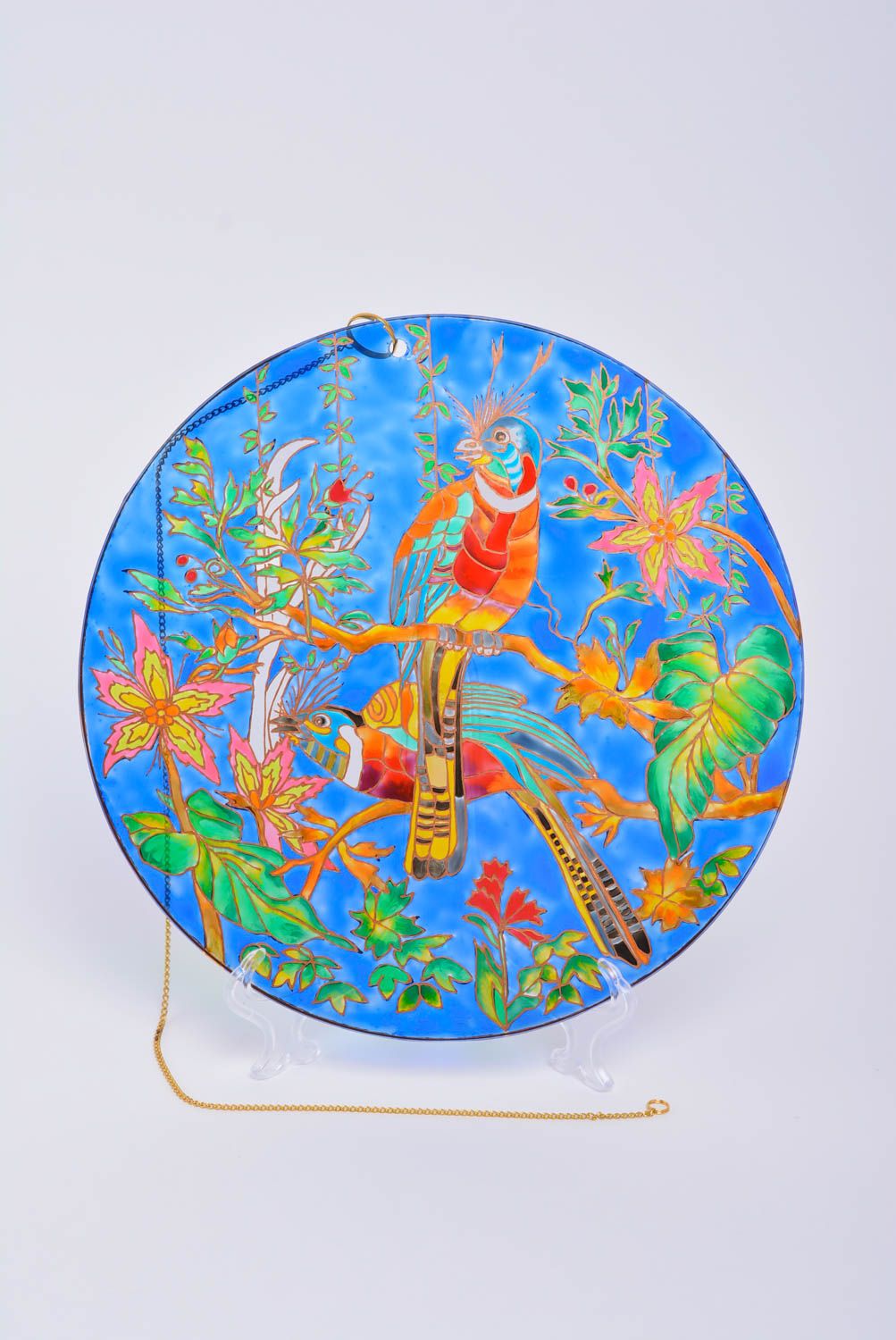 Декоративная тарелка из стекла расписанная витражными красками хэндмэйд Экзотика фото 1