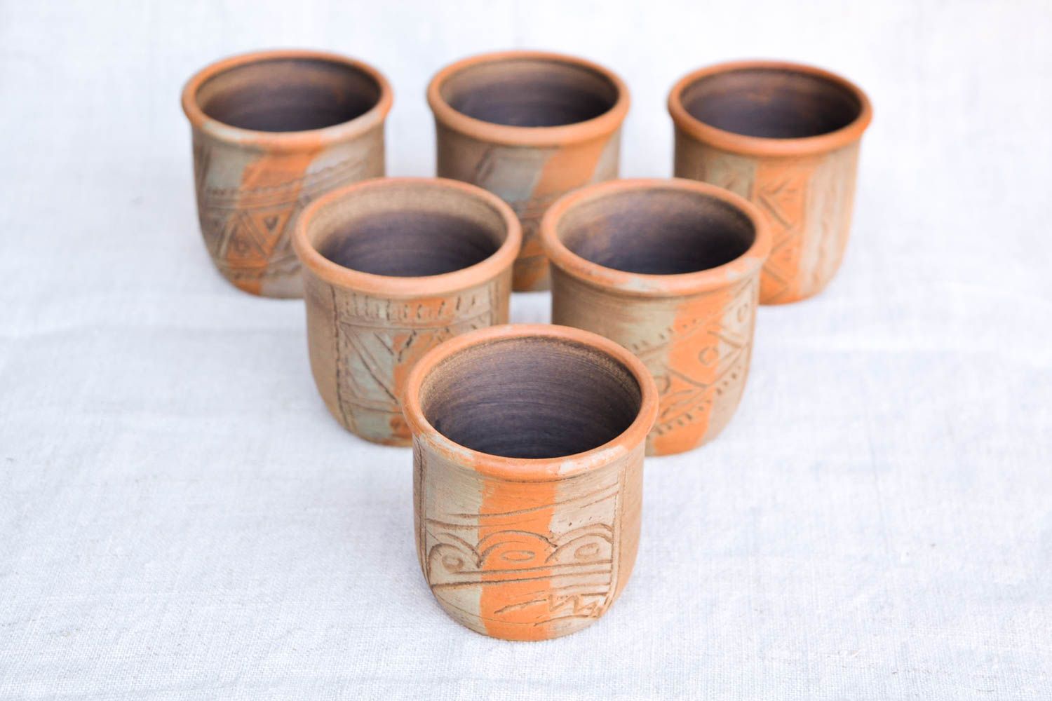 Set of 6 ceramic 5 oz clay cups, not glazed with Italian style olive-brown color photo 4