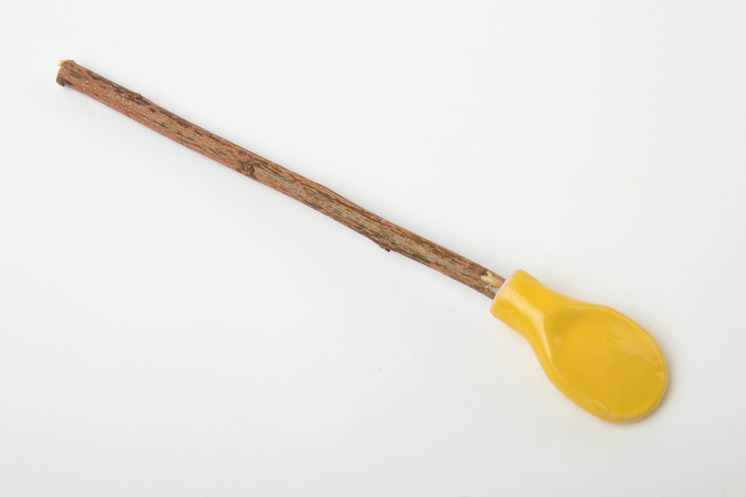 Handmade designer yellow clay spoon with apricot branch handle photo 3