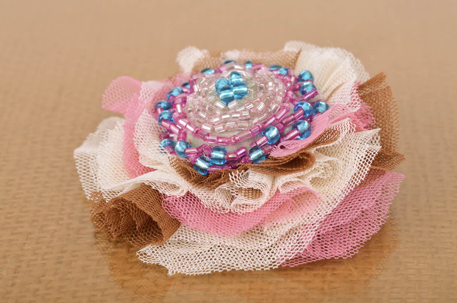Handmade textile hairpin brooch made of tulle with beads in pastel shades photo 2