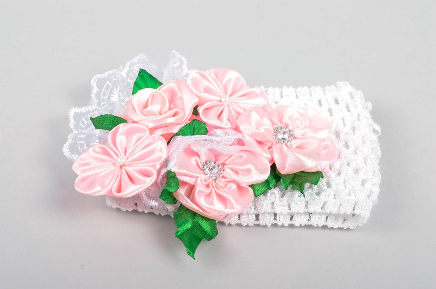 Handmade Haarband mit Blumen Mädchen Haarschmuck Mode Accessoire weiß rosa foto 2