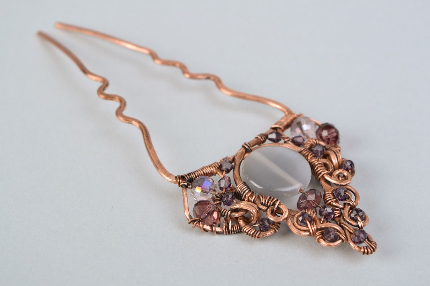 Handmade vintage wire wrap copper hair pin with natural cat's eye and crystal  photo 4