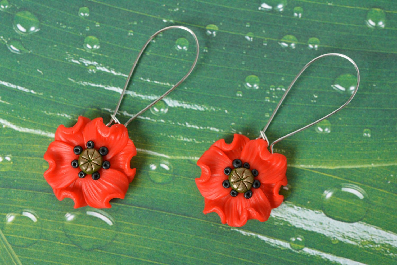 Handmade polymer clay earrings with red poppies designer stylish summer jewelry photo 1