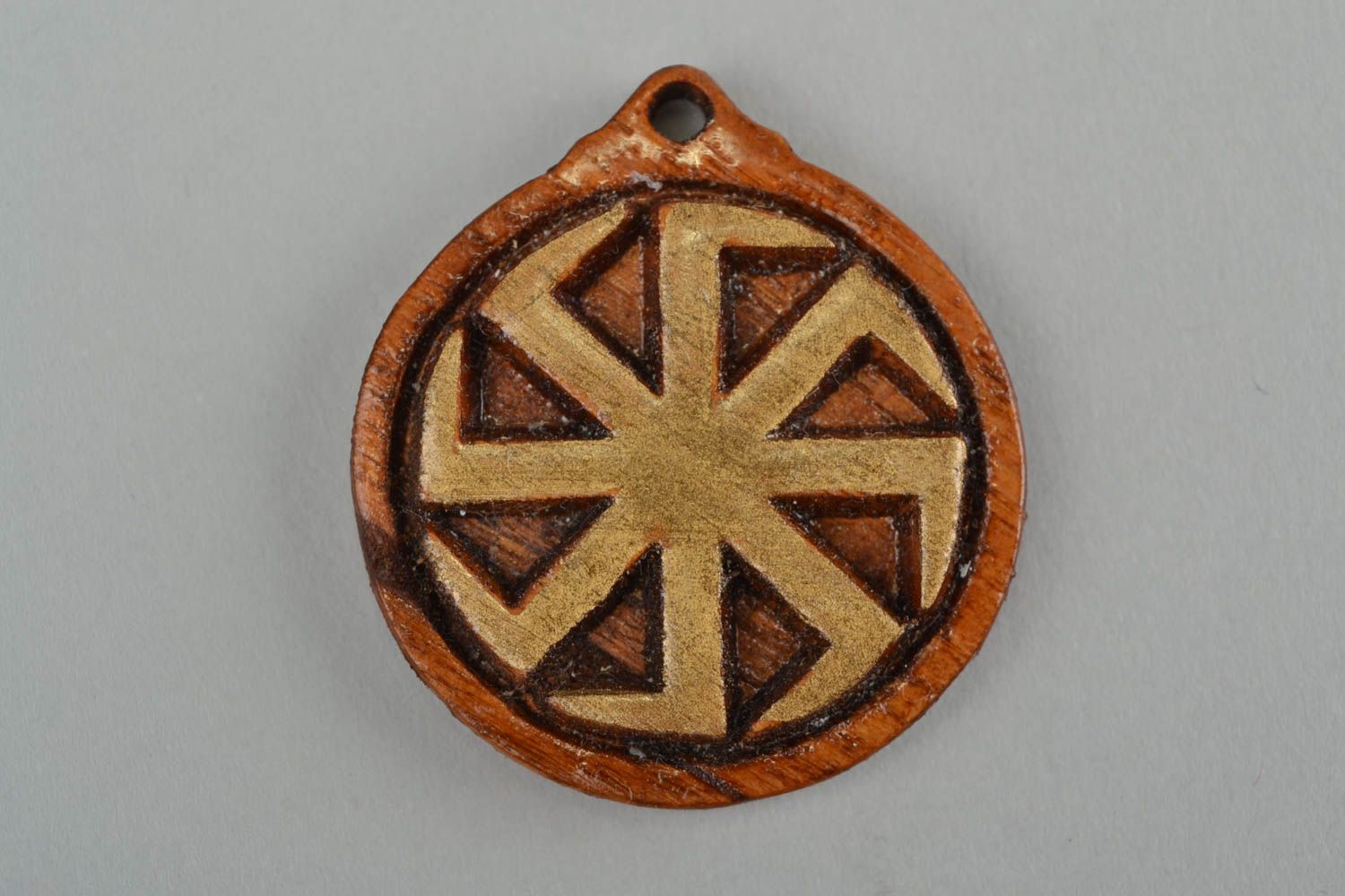 Handmade small round natural wood carved protective amulet pendant Cross of Lada photo 3
