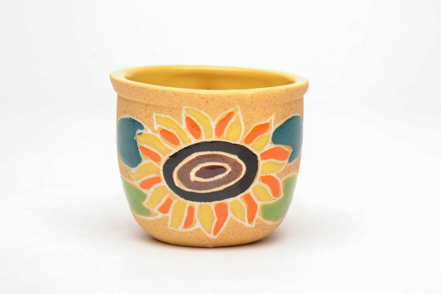 Yellow color clay small 3 oz coffee cup with handle and floral sunflower pattern photo 2