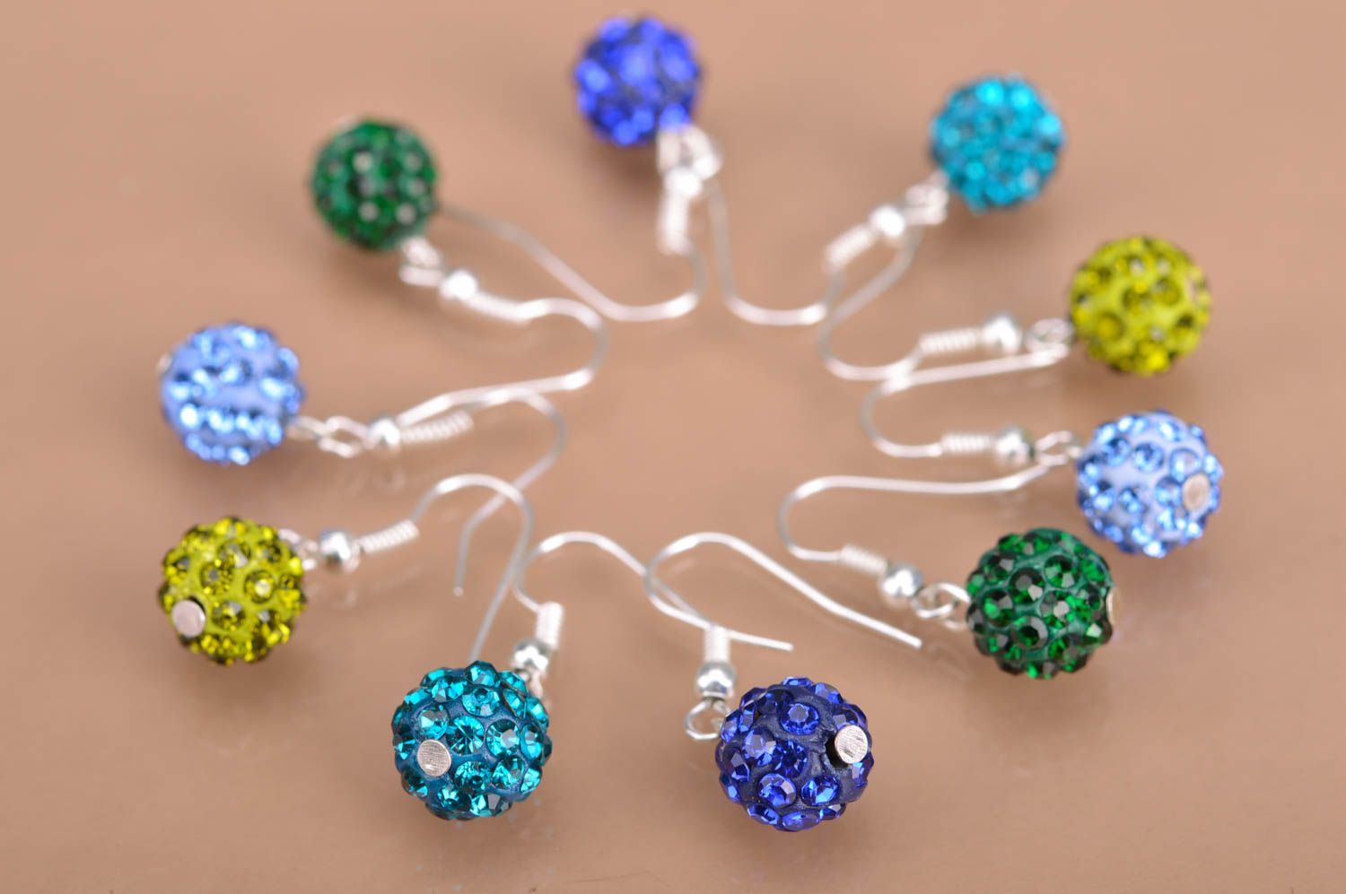 Set of 5 pairs of handmade designer dangle beaded earrings with rhinestones photo 2