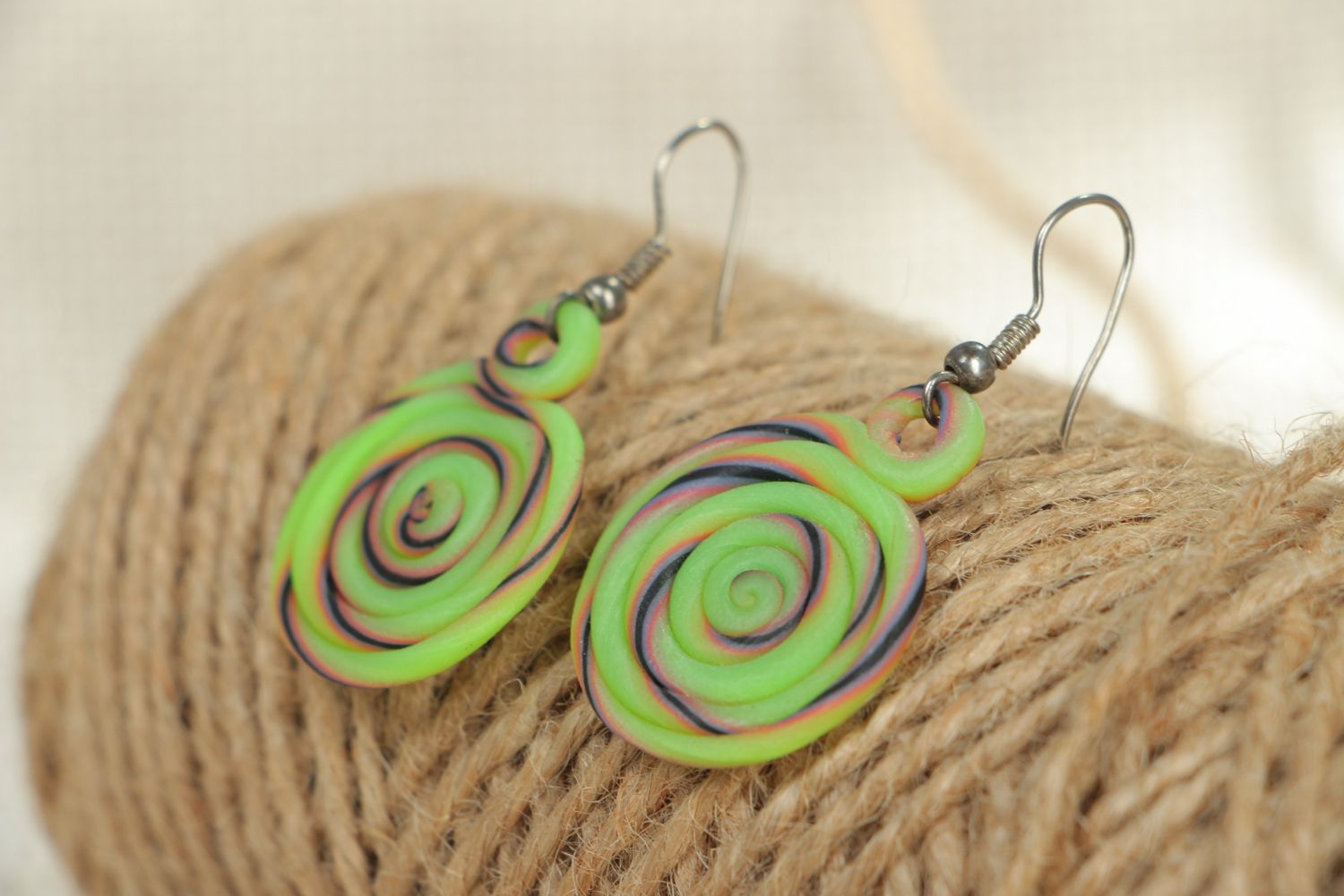 Green polymer clay round earrings photo 4