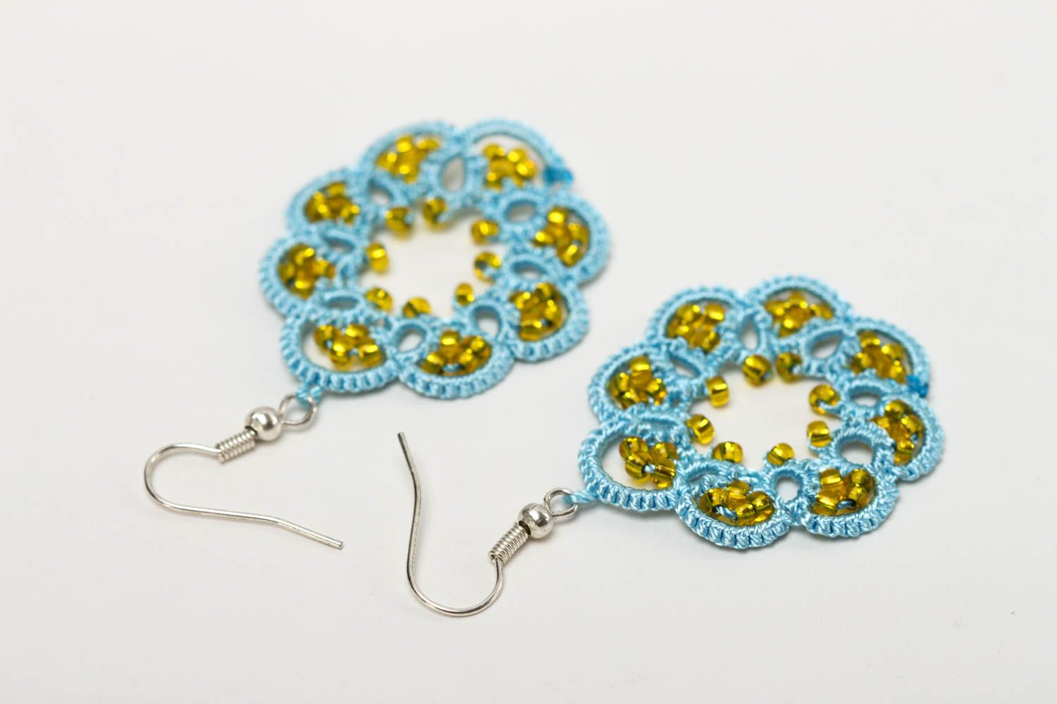 Blue handmade tatting earrings woven textile earrings accessories for girls photo 4