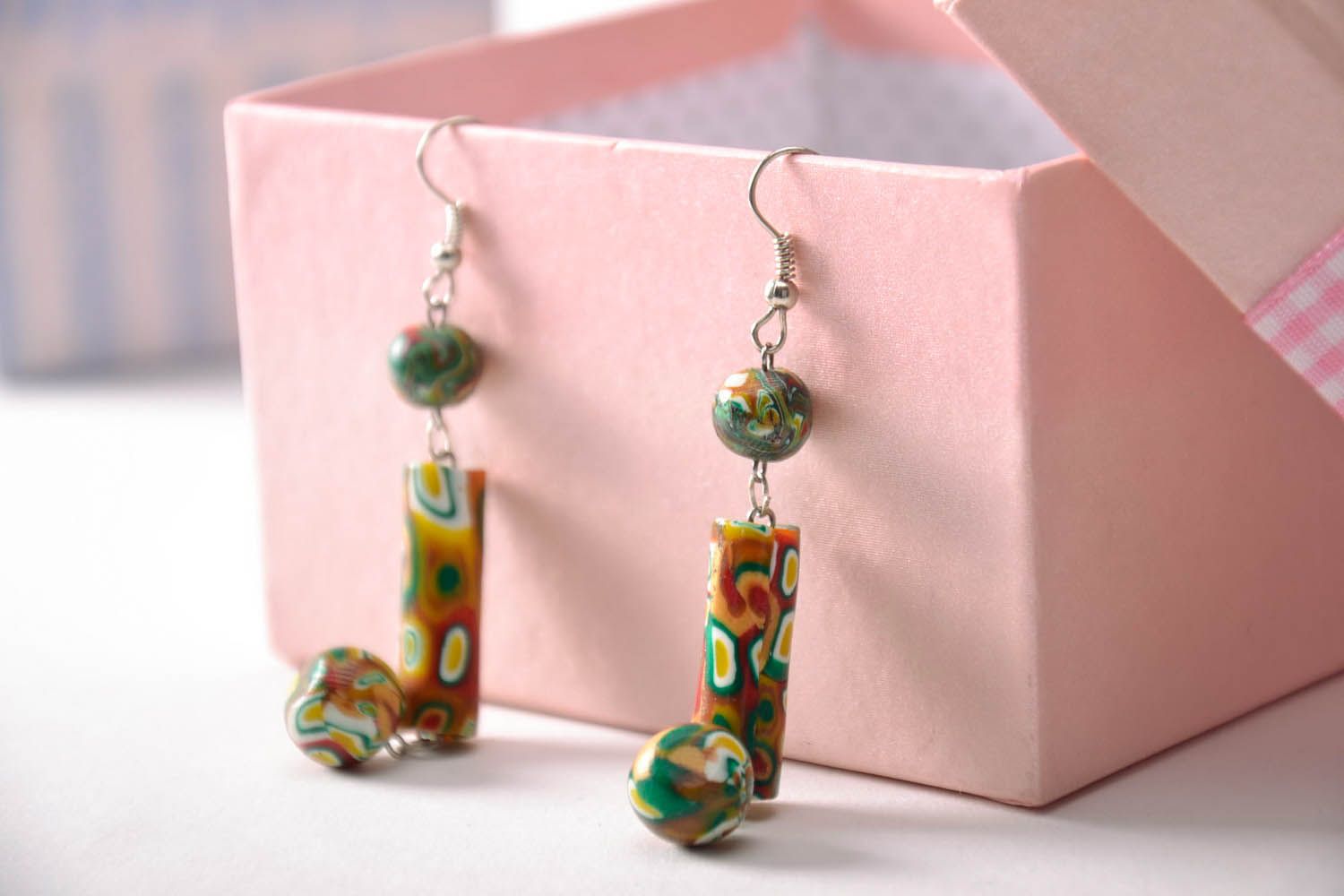 Long polymer clay earrings with pendants  photo 4