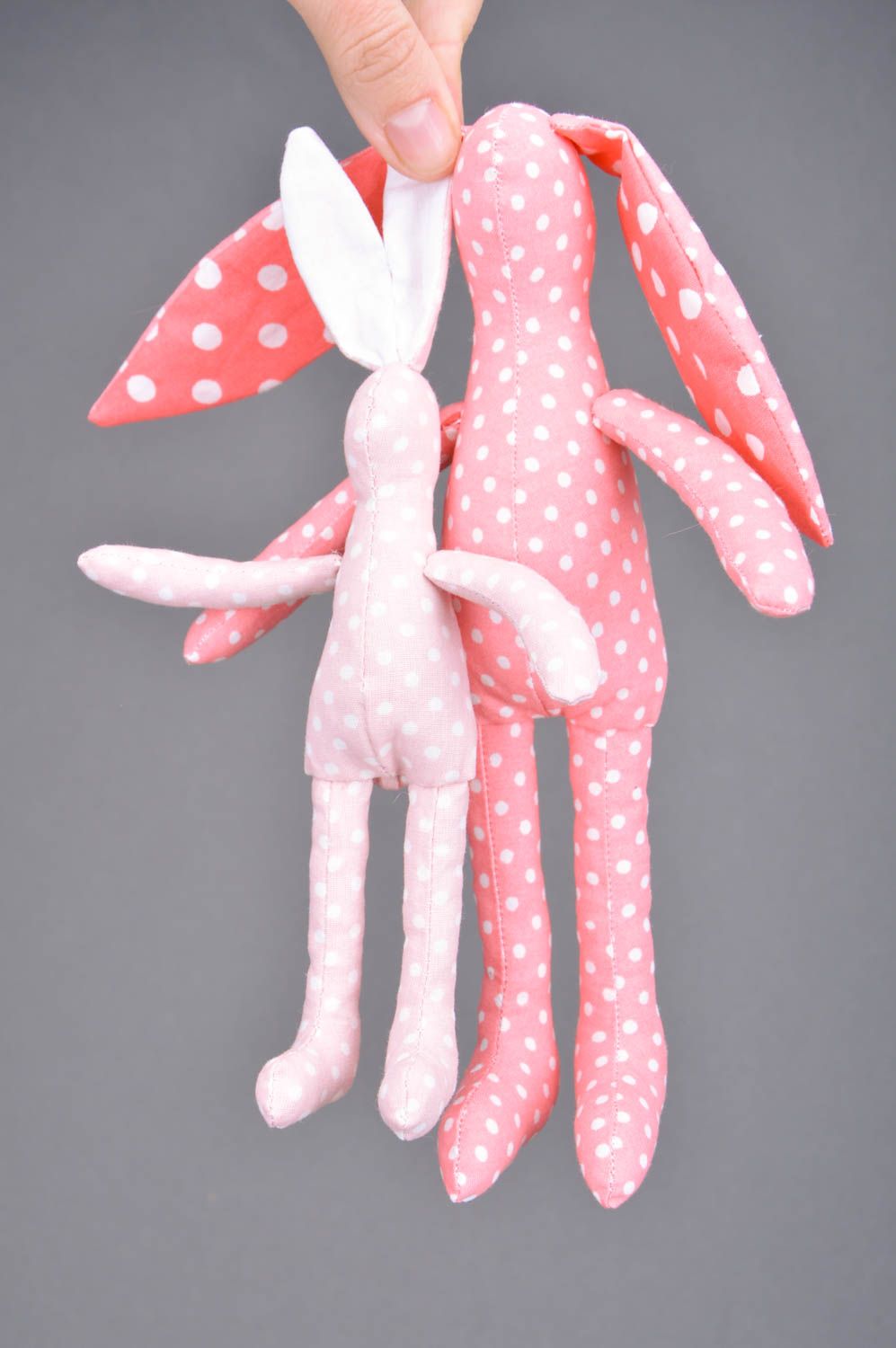 Set of handmade toys rabbits 2 pieces made of cotton pink with polka dots pattern photo 3