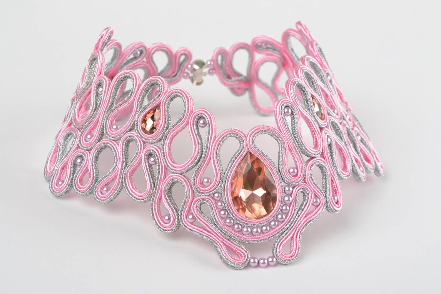 Soutache necklace with rivoli beads handmade pink beautiful accessory East  photo 2