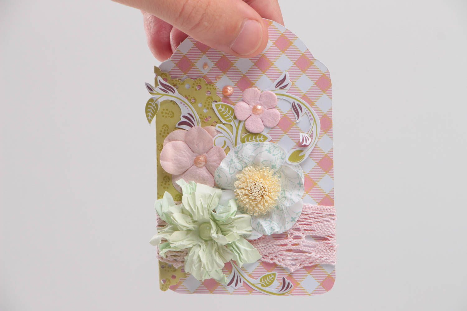 Beautiful small handmade gift tag with flowers of pink color scrapbooking photo 5
