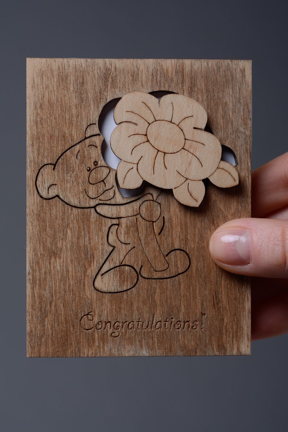 Belle carte de voeux en bois faite main originale décorée Congratulations photo 4
