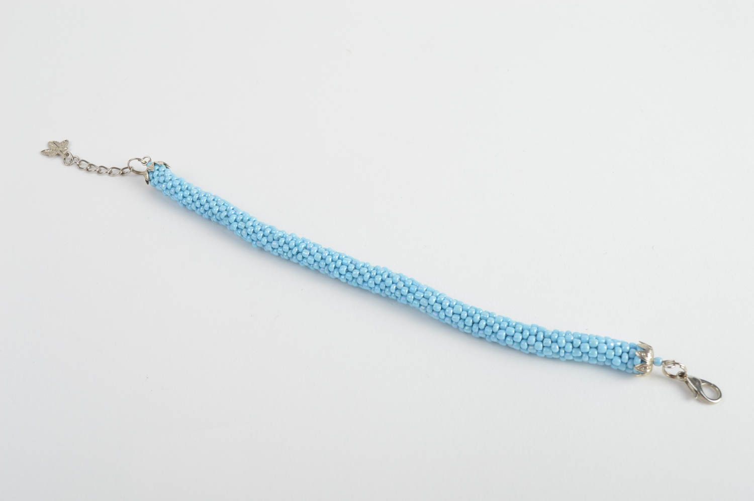 Handmade laconic beaded cord wrist bracelet of blue color for women photo 4