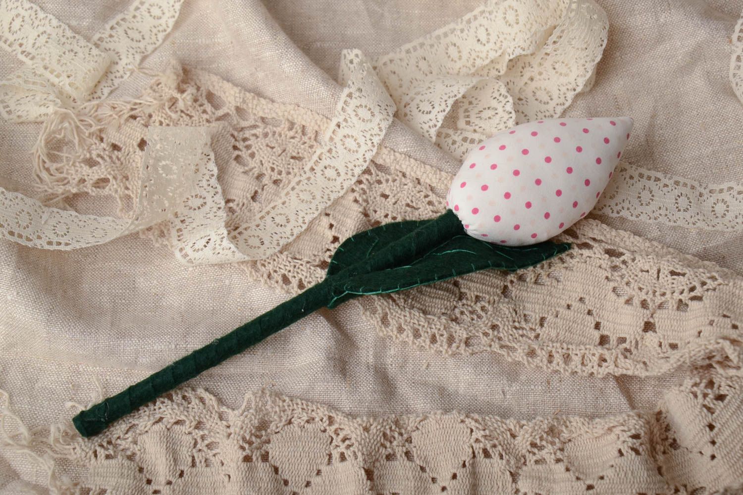 Handmade decorative small white polka dot tulip flower sewn of felt and cotton  photo 1