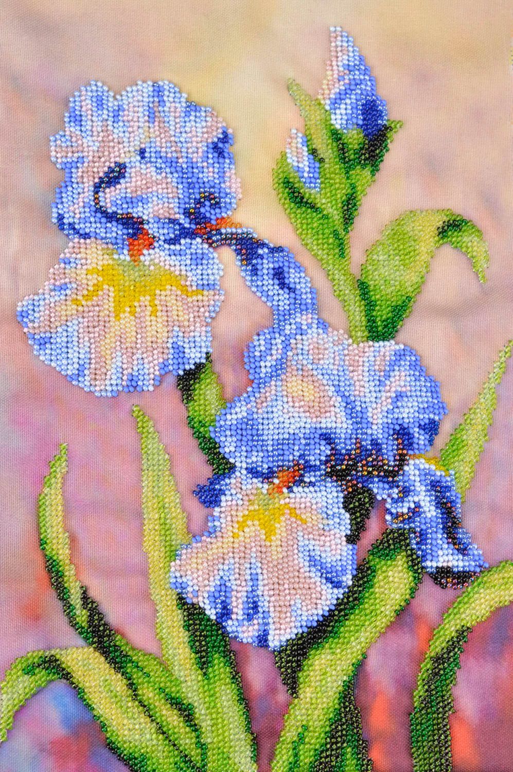 Tableau brodé fait main Décoration murale fleurs bleu clair Déco maison photo 1