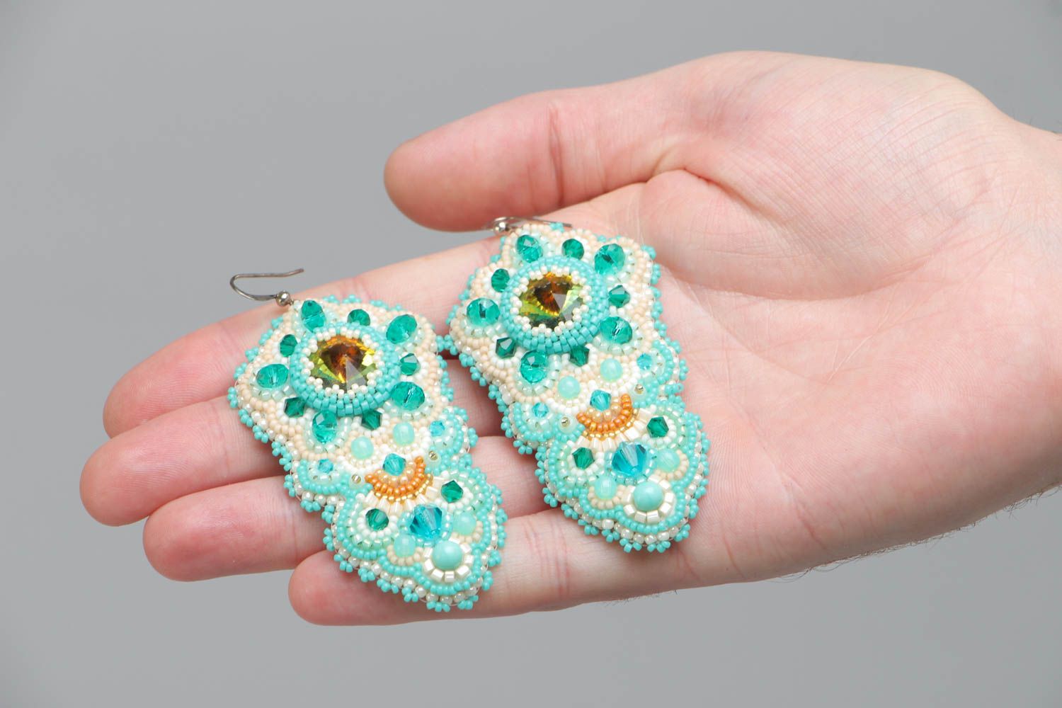 Handmade massive earrings embroidered with beads and crystals Sea Treasure photo 5