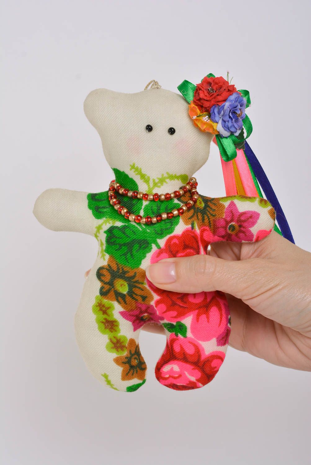 Handmade designer small soft toy sewn of motley cotton fabric bear with flowers photo 4