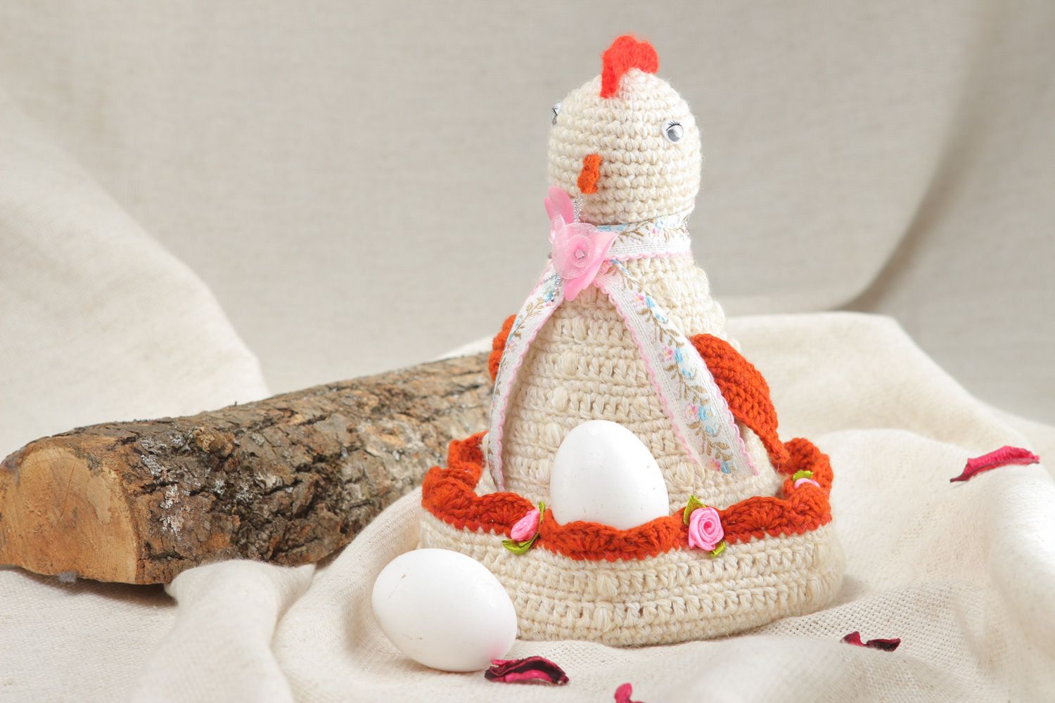 Handmade designer Easter decoration chicken soft toy crocheted of woolen threads photo 4