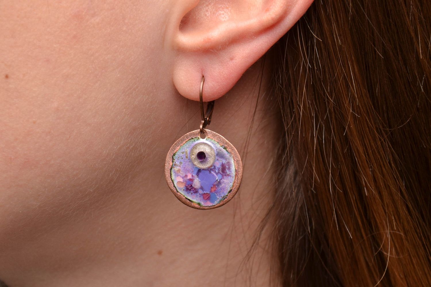 Enamel painted copper round earrings photo 2