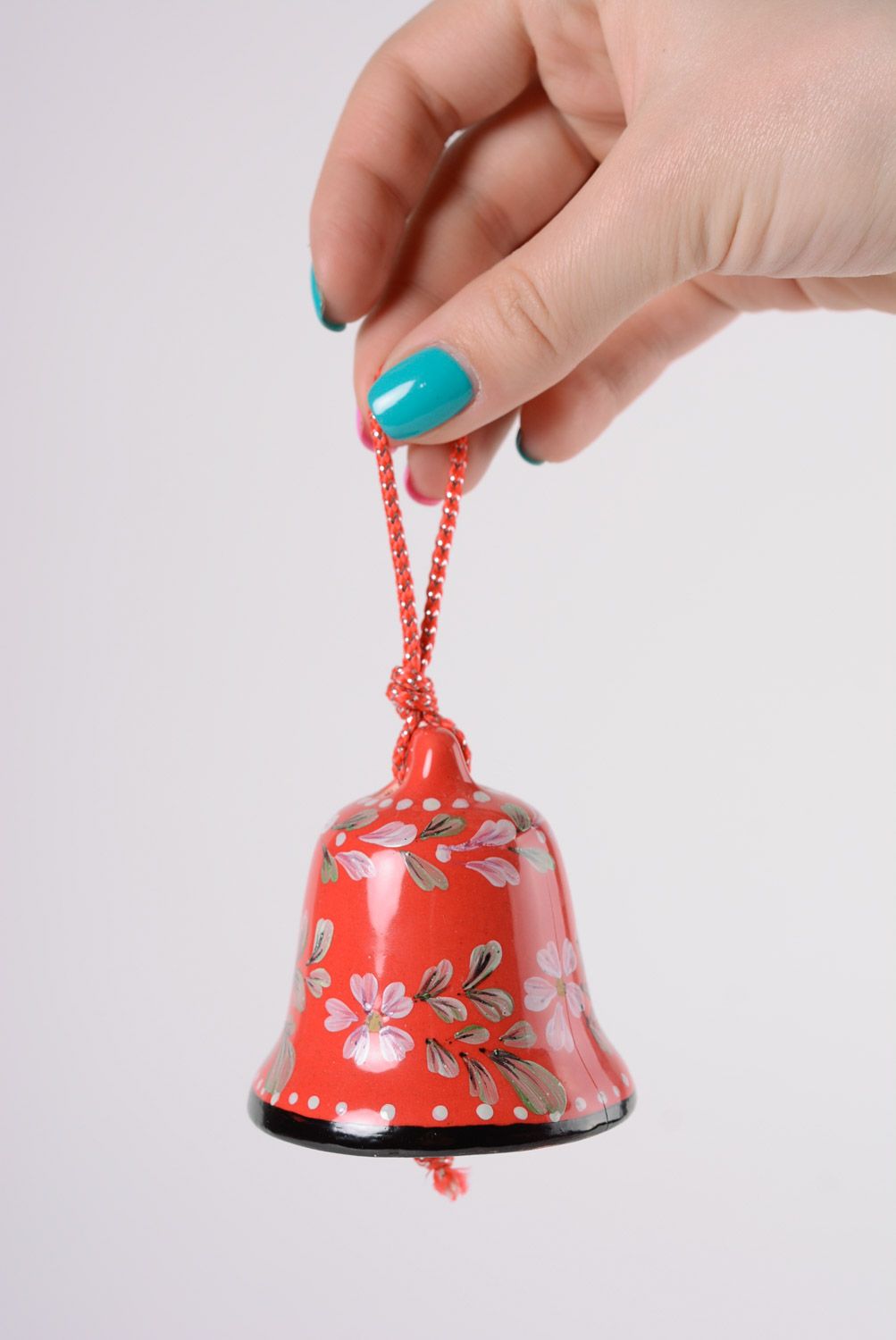 Handmade decorative red maiolica ceramic hanging bell ornamented with glaze photo 2