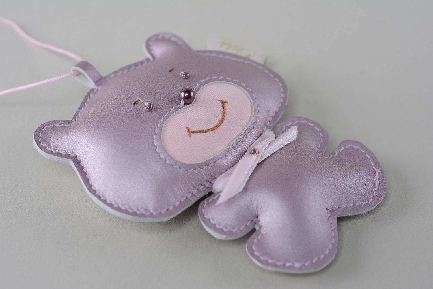 Handmade stylish genuine leather keychain in the shape of bear of violet color  photo 5