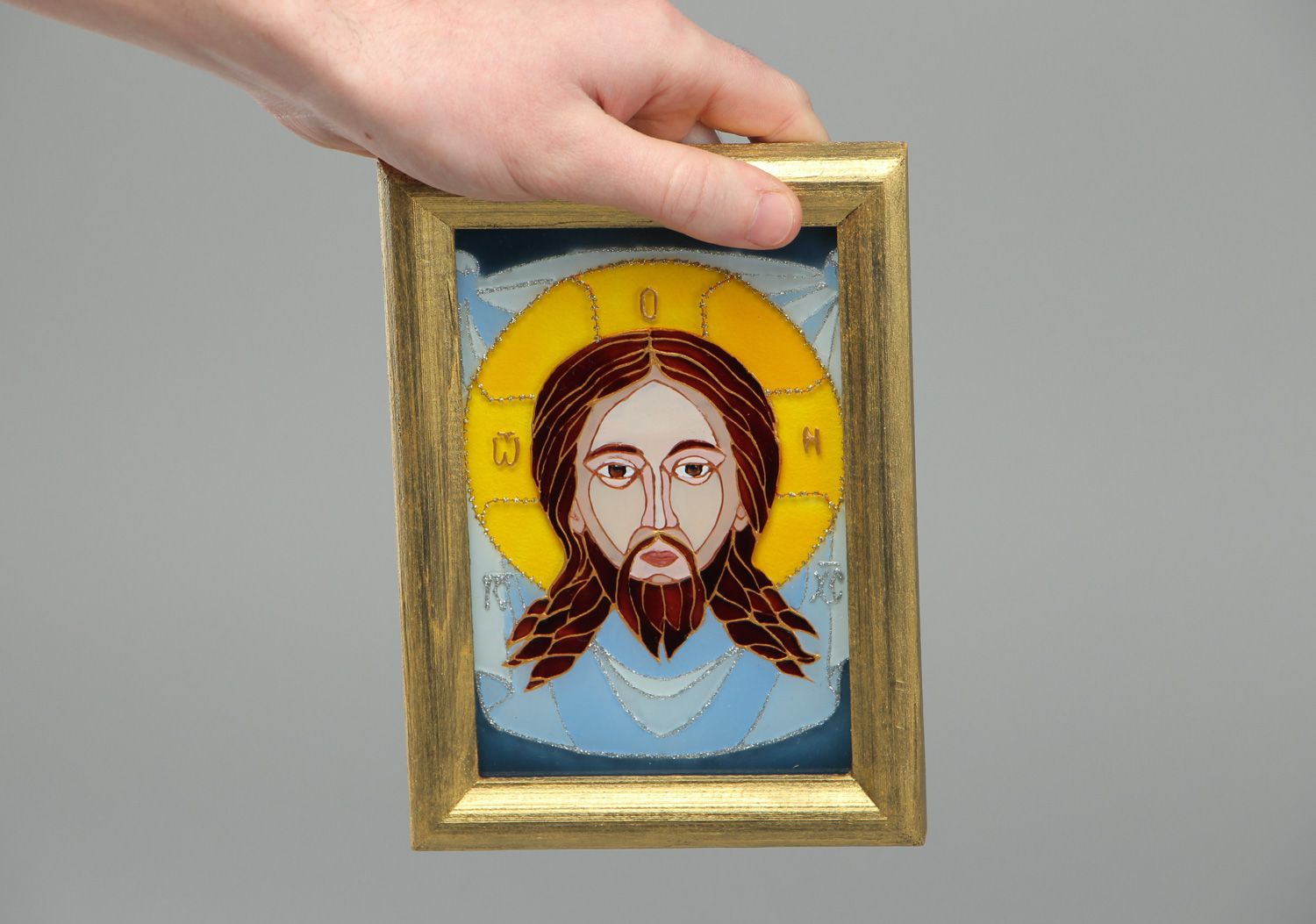 Handmade stained glass Icon of Christ Not Made by Hand equipped with frame photo 5