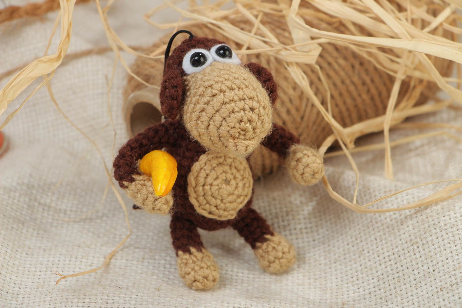 Soft handmade decorative crocheted brown key chain cute little monkey for purse photo 1
