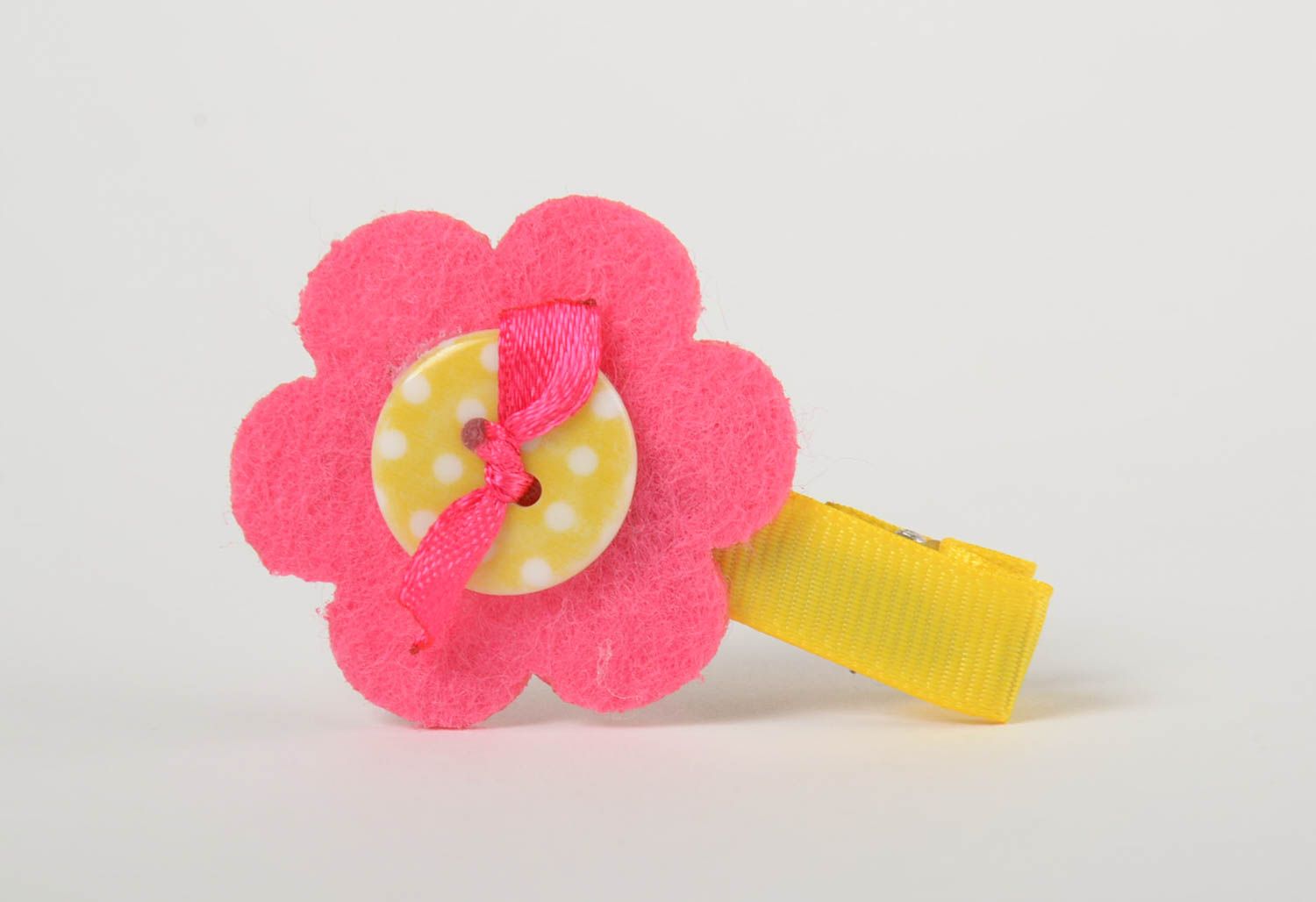 Заколка для волос из репсовой ленты и флиса детская с розовым цветочком хэндмэйд фото 4