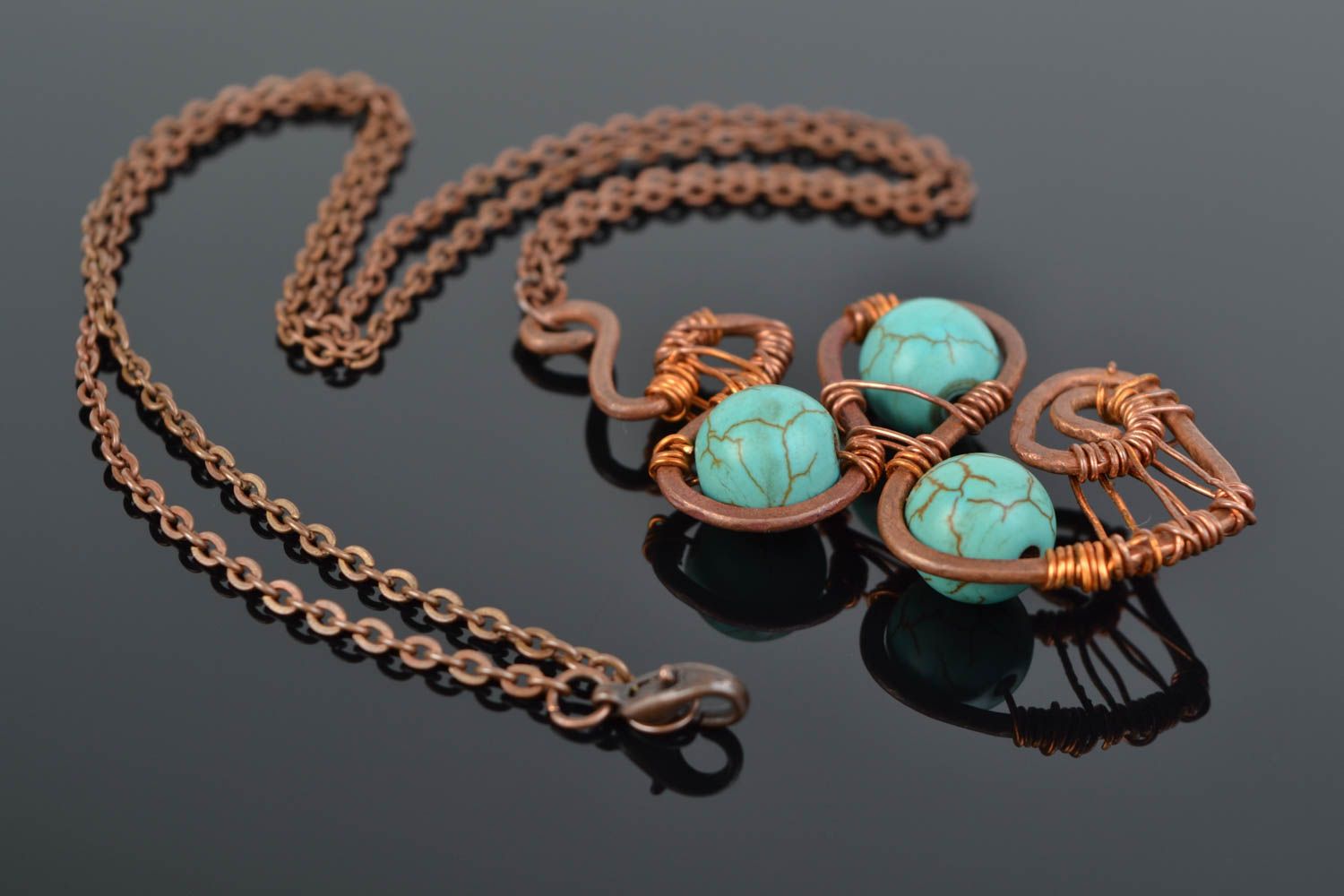 Handmade copper wire wrap pendant with turquoise on long chain stylish accessory photo 1