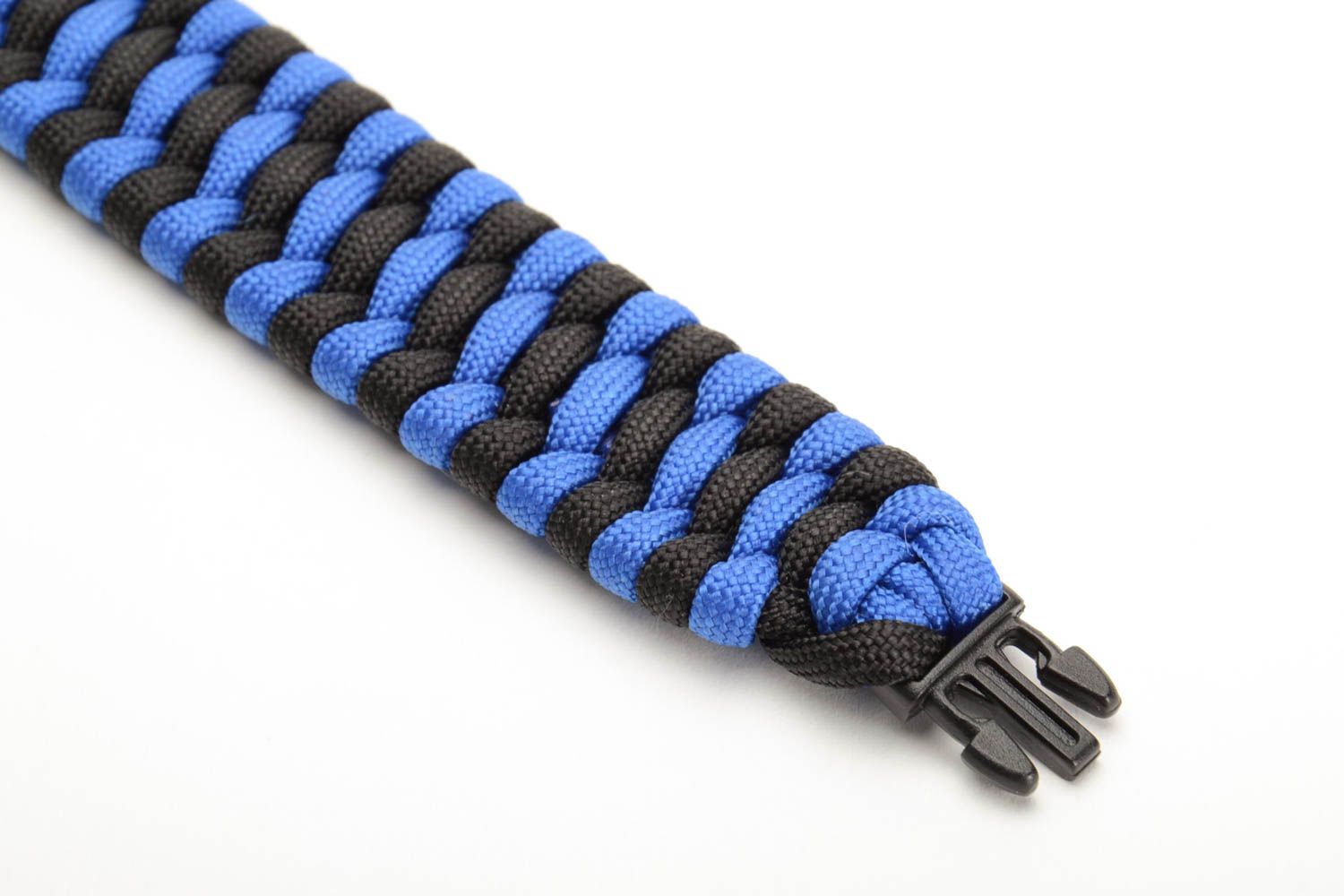 Black and blue handmade wide woven wrist bracelet with plastic fastener photo 2