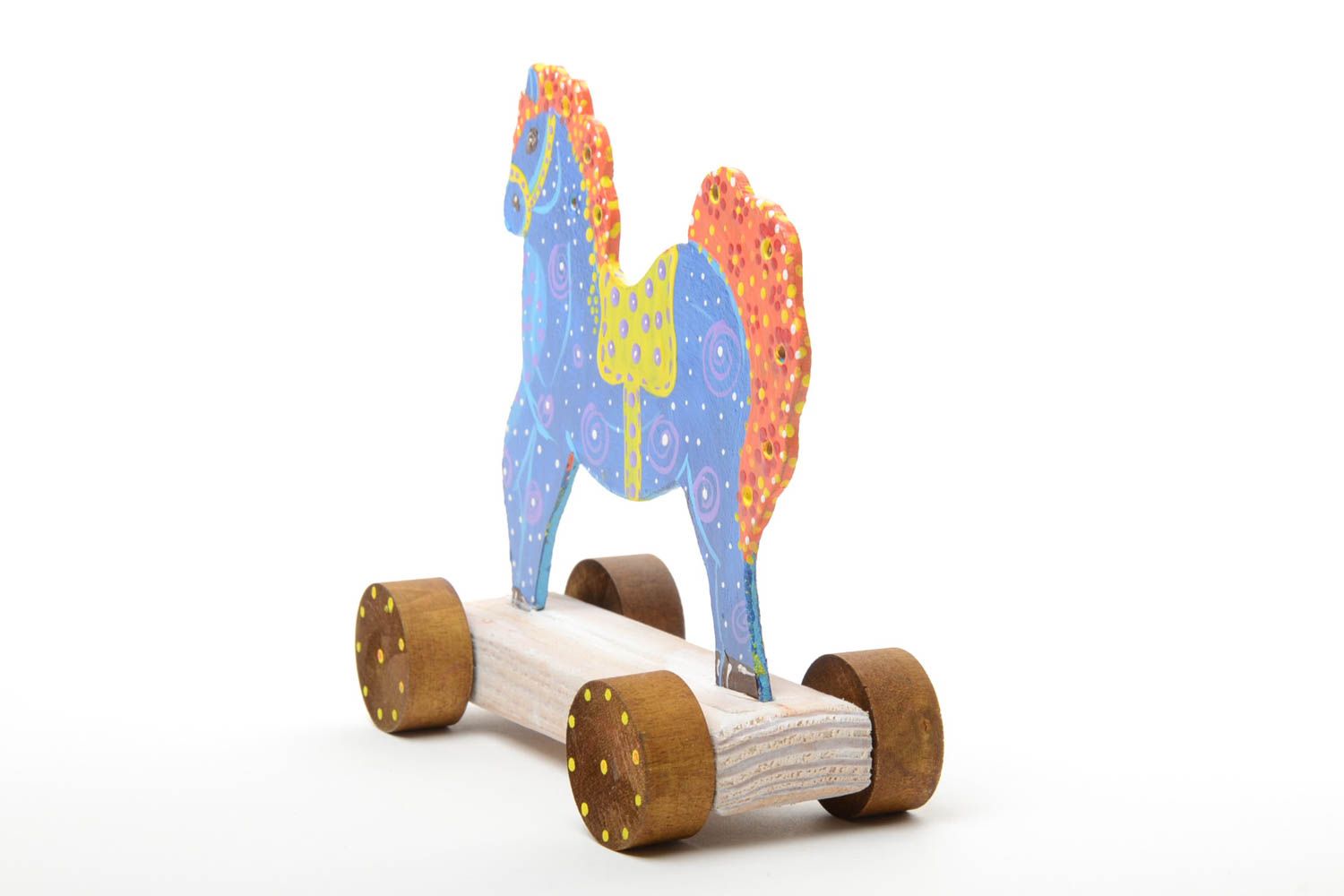 Small bright blue handmade children's wooden wheeled toy Horse photo 2