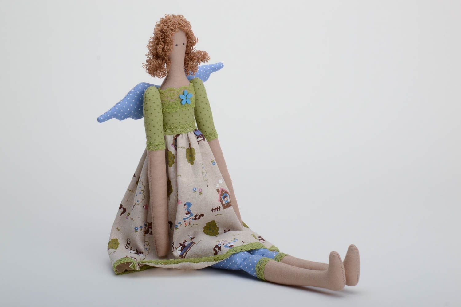 Handmade designer cotton fabric soft doll angel girl with blue wings for children photo 2