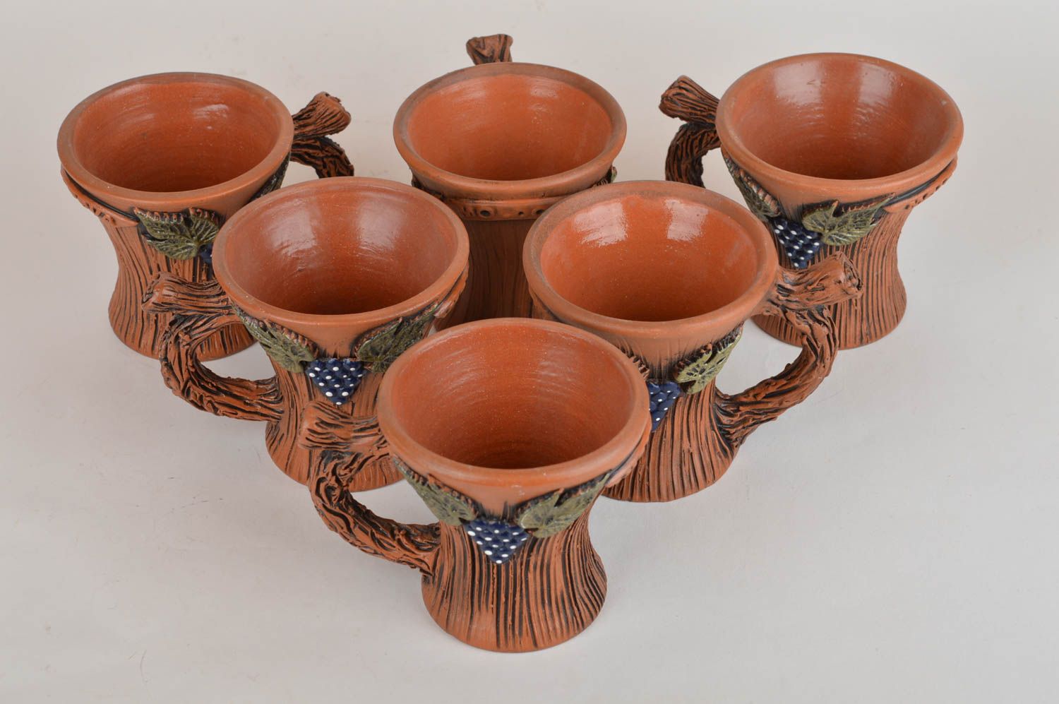 Tassen Set aus Keramik 6 Stück aus Ton in Braun mit Bemalung handmade 150 ml foto 2
