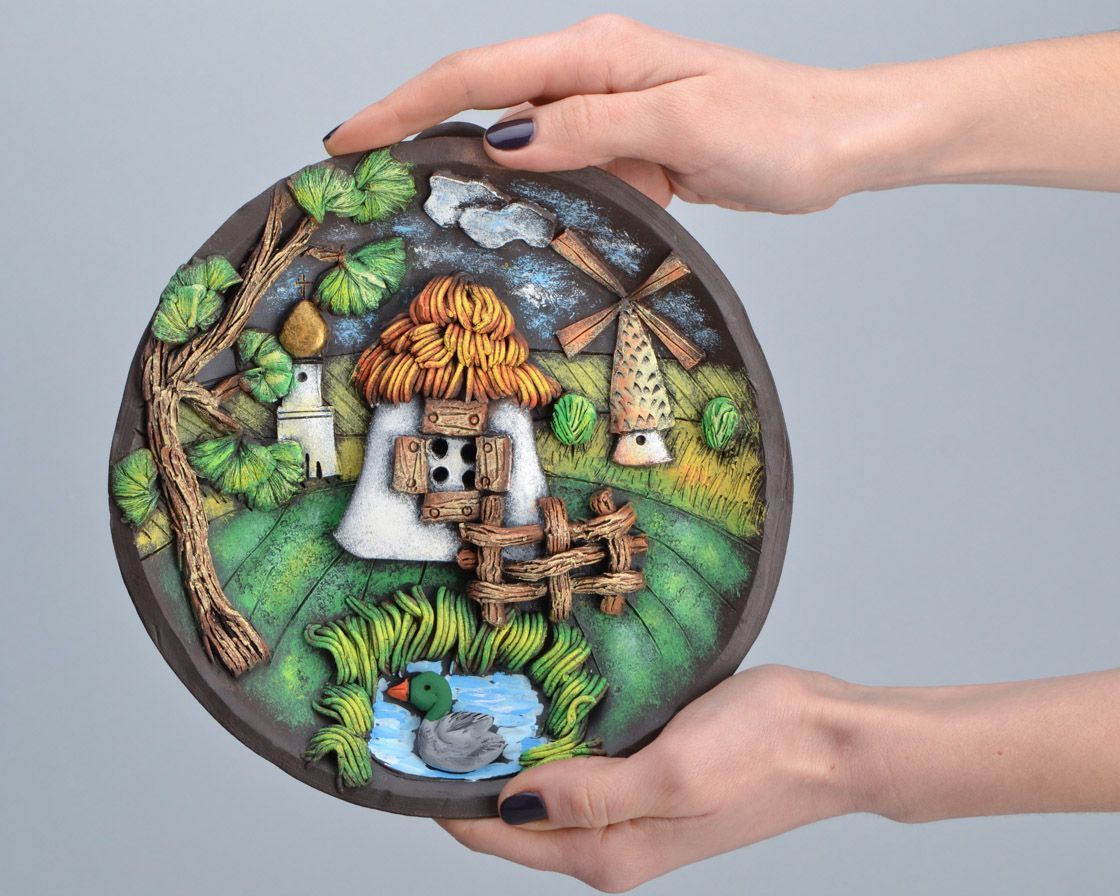 Керамическая тарелка на стену ручной работы Пейзаж  фото 2